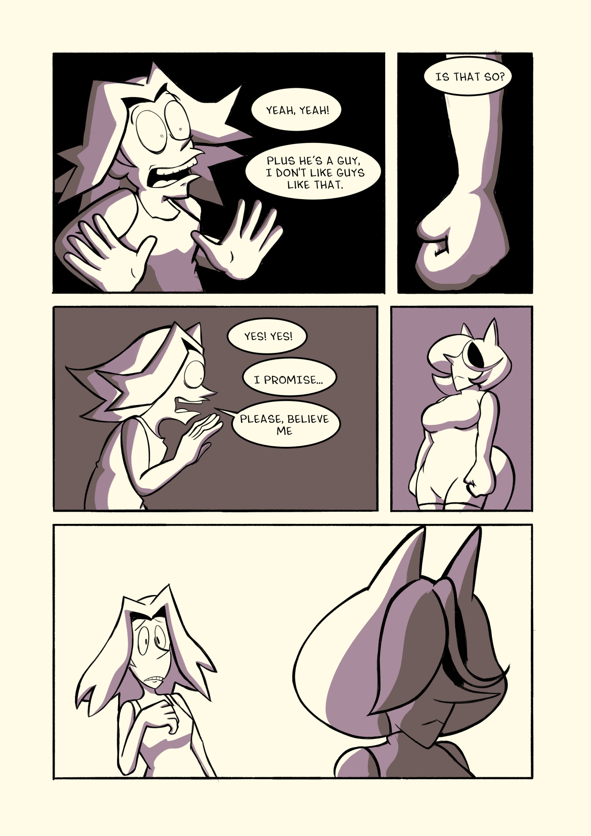 Michelle reassure Marilyn. She says 'Yeah, yeah! Plus he's a guy. I don't like guys like that.' Marilyn is unconvinced. She clenches her fist and says 'Is that so?' Michelle says 'Yes! Yes! I promise... Please believe me.' Marilyn turns away, considering this.