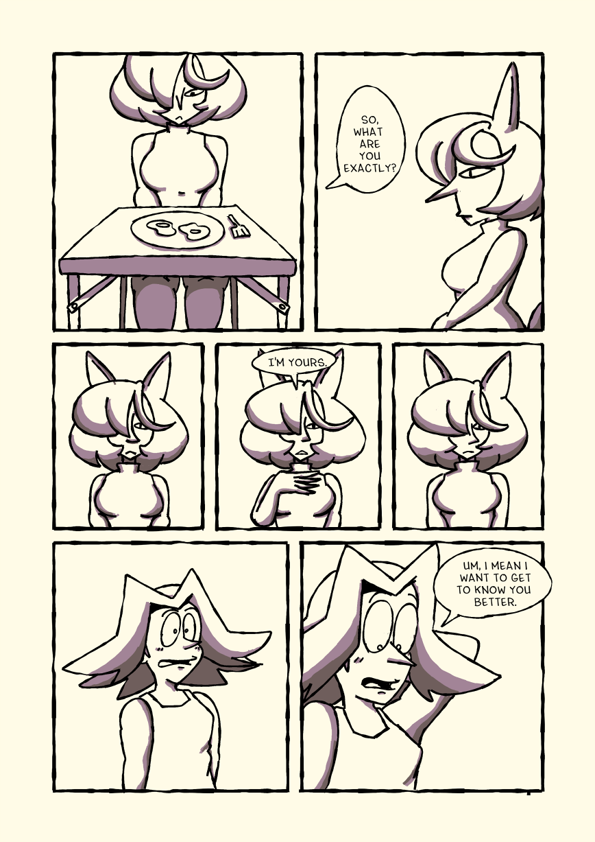 Marilyn sits at Michelle's kitchen table in front of a plate of two fried eggs. Michelle (off-screen) asks 'So, what are you exactly?' Marilyn simply says 'I'm yours.' Michelle stumbles and says 'Um, I mean I want to get to know you better.'