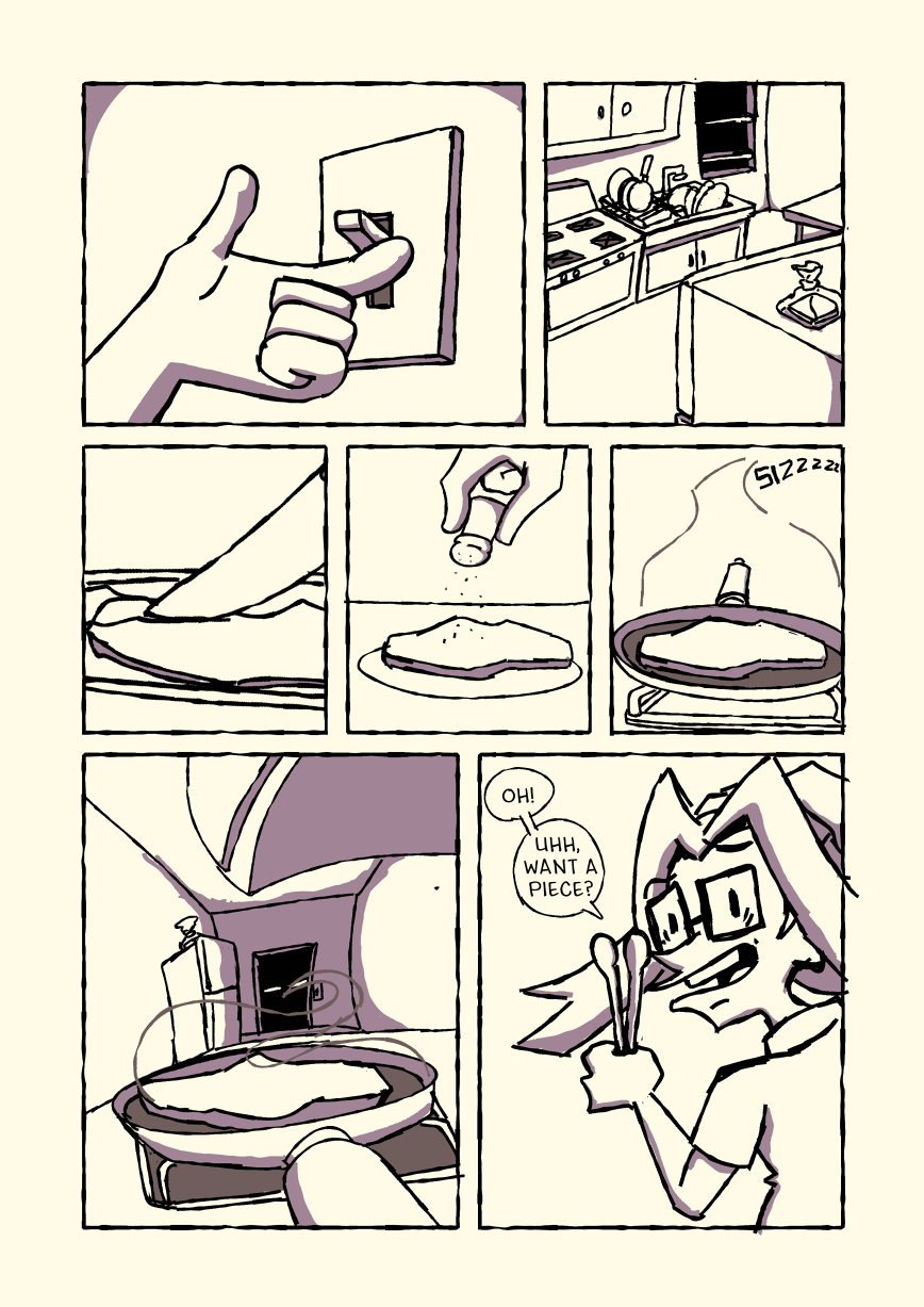 Michelle switches on the light and starts cooking the steak in the kitchen. As the aroma spreads through the house, she asks 'Oh! Uhh, want a piece?'