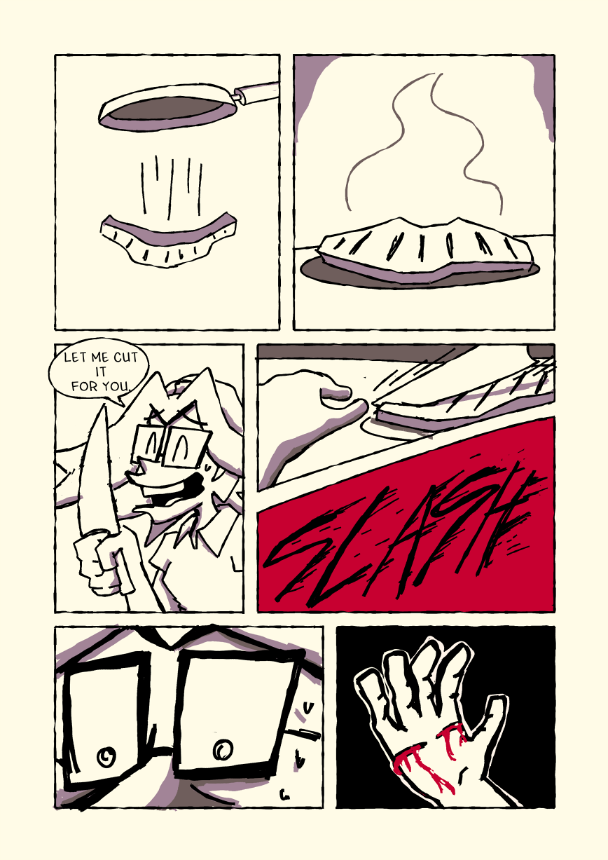 Michelle throws the steak onnto the plate and says 'Let me cut it for you'. However, as she's cutting the steak, she accidentally slices her hand. She stares in shock as her hand bleeds bright red.