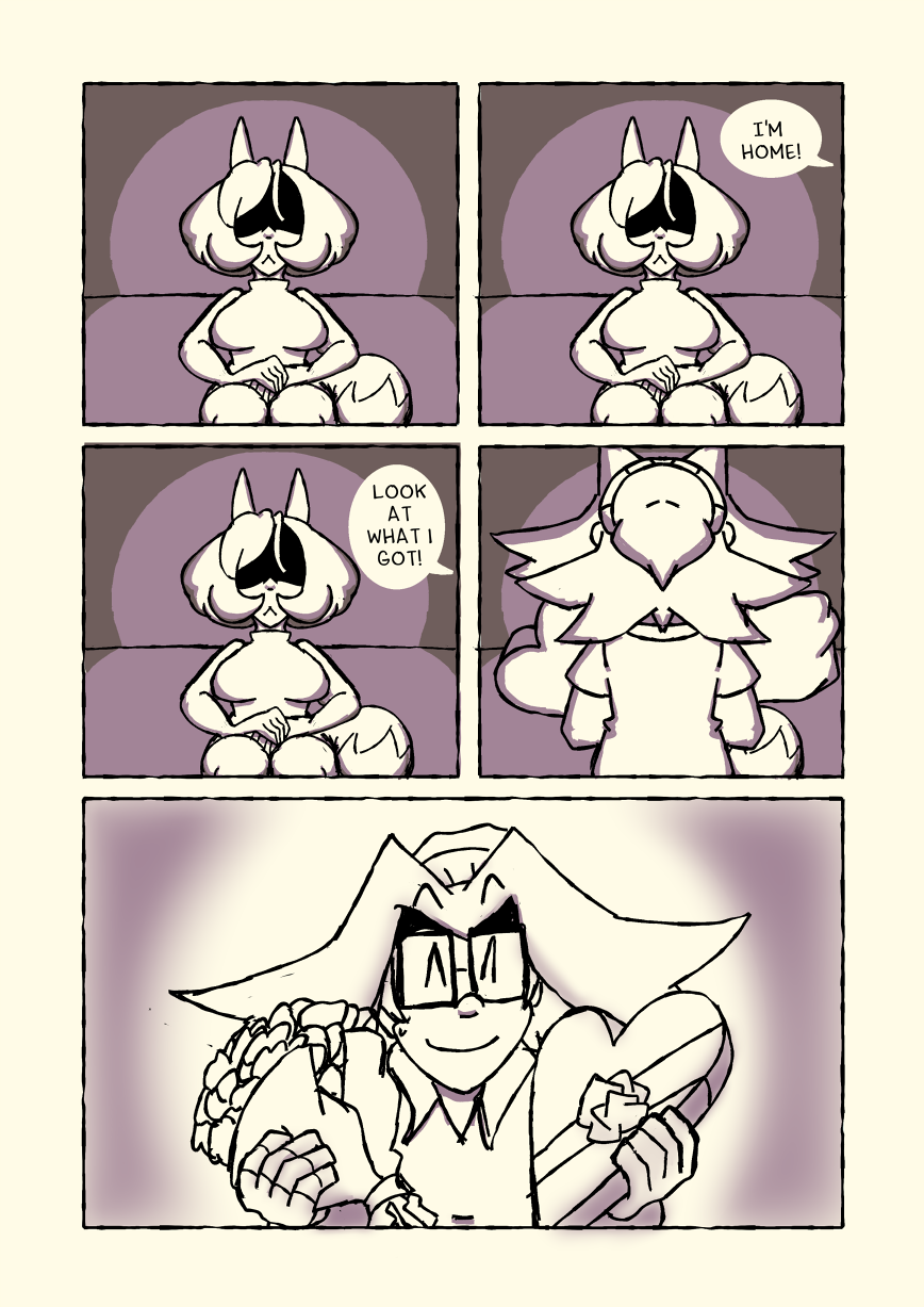 Marilyn sits on the couch, her face blank. Michelle says 'I'm home! Look at what I got!' from off-screen then appears with a box of chocolates and a bunch of flowers. She smiles as she presents them to Marilyn.