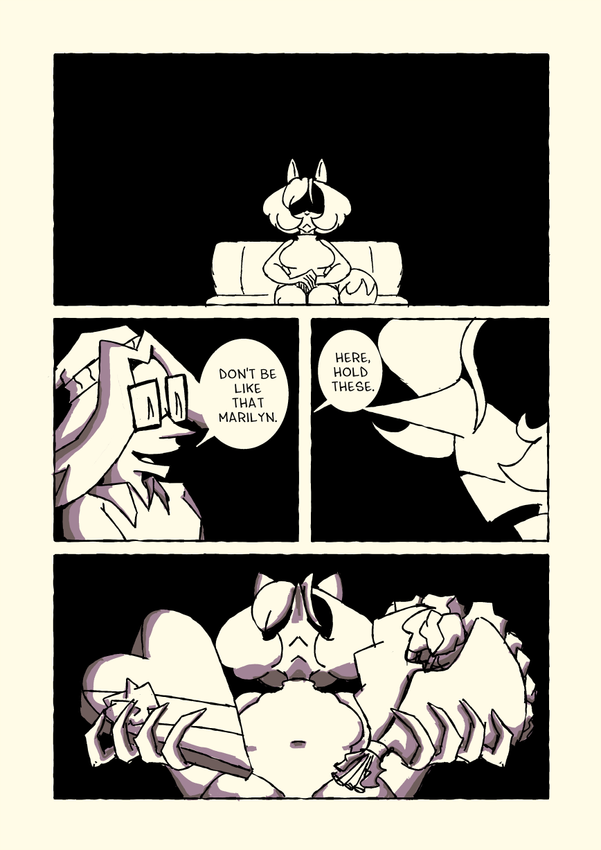 Marilyn does not react. She seems upset. Michelle smiles and says 'Don't be like Marilyn. Here, hold these.'and puts the gifts in Marilyn's hands.