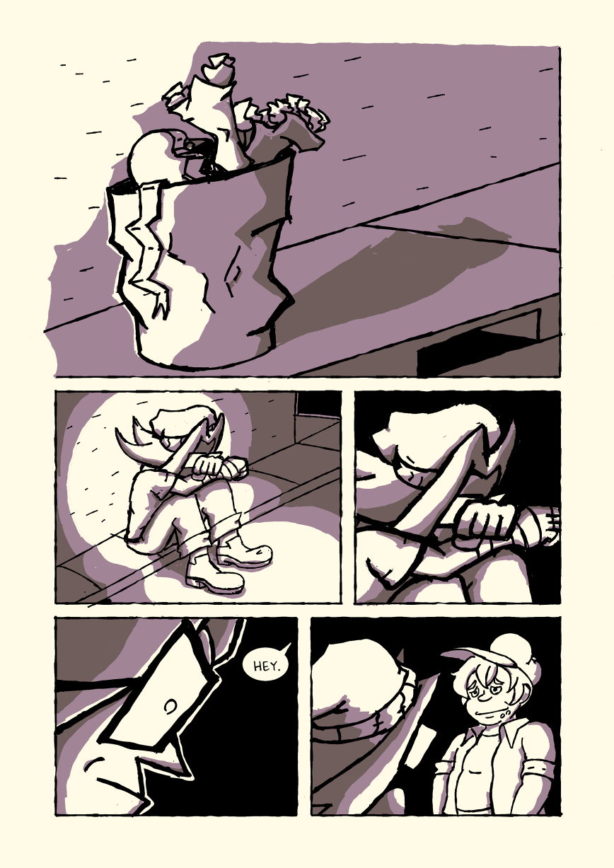 The chocolates and flowers have been put in a beat-up rubbish bin on the street. Michelle sits on the curb with her head in her arms, when someone says 'Hey.' Michelle looks up and sees her friend Carl.