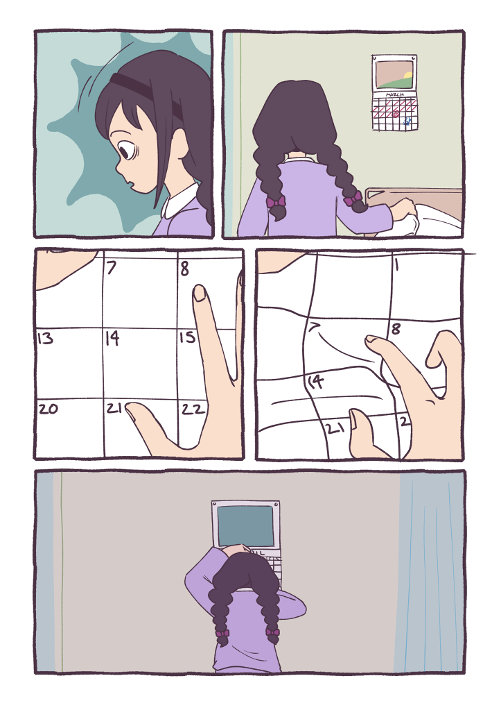 Panel 1: Homura wakes in shock, in her hospital pyjamas.
												  Panel 2: Homura gets out of bed and walks towards her calendar
												  Panel 3: Homura focuses on the 14th of the month on her now blank calendar.
												  Panel 4: She crumples up the page in frustration
												  Panel 5: Homura hunches over rests her head on the calendar.